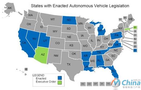  美国部署自动驾驶法案的州